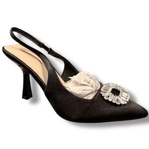 NIB Rillista Women Slingback Heels Crystal Buckle Pointed Toe Stiletto Black 6.5